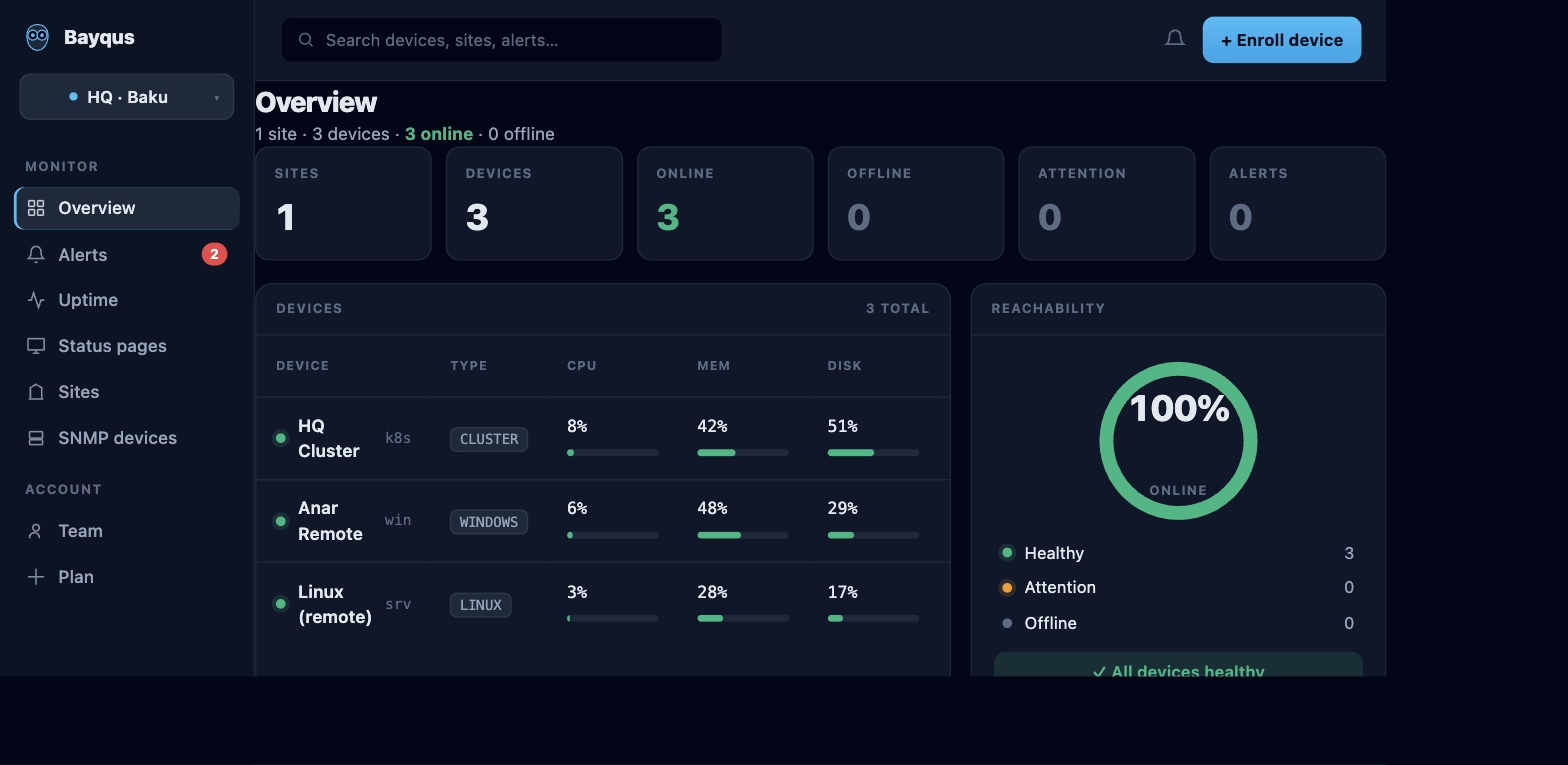 Bayqus fleet overview: devices online, per-device CPU / memory / disk and a 100% reachability ring.